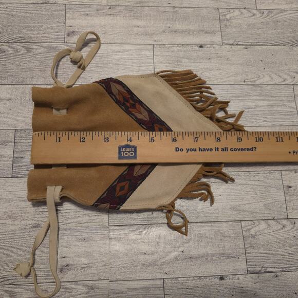Bloom Brothers Co Beige Tan Leather Drawstring Pouch Western Aztec Fringe USA - Picture 5 of 8